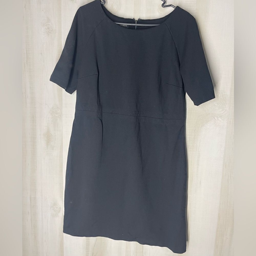 Talbots black mid length short sleeve dress jersey like material size 12